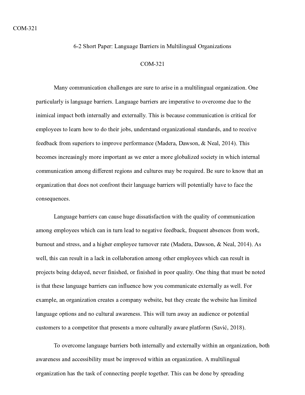 Preview image for 6 2 Short Paper Language Barriers in Multilingual Organizations.docx  COM-321  6-2 Short P